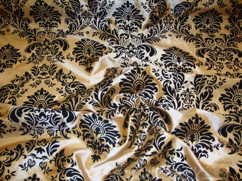 Taffeta Gold  Black Flocking Damask fabric 60 inches wide per yard