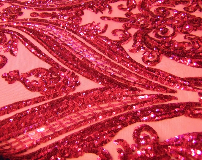 Victorian Egg/Tulip, Fuchsia, Big Print, Sequin, 4-way Stretch, Fabric 54" Sold By the Yard, Wedding, Prom, Dresses, Lingerie, Pageant