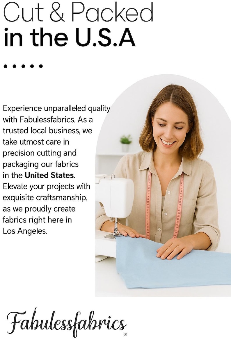 Puede incluir: Una m&aacute;quina de coser blanca con una pieza de tela azul claro, una cinta m&eacute;trica rosa y texto que dice Cut & Packed in the U.S.A, Fabulessfabrics, y detalles sobre el corte y empaquetado de precisi&oacute;n de telas en Estados Unidos.