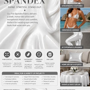 Peut inclure: Tissu spandex m&eacute;tallis&eacute; blanc avec une finition miroir brillante. L'image pr&eacute;sente du texte incluant FOIL SPANDEX, SHINE. STRETCH. STAND OUT., ainsi que des d&eacute;tails techniques comme 80% polyester, 20% &eacute;lasthanne, 147/152 cm de largeur et entretien.