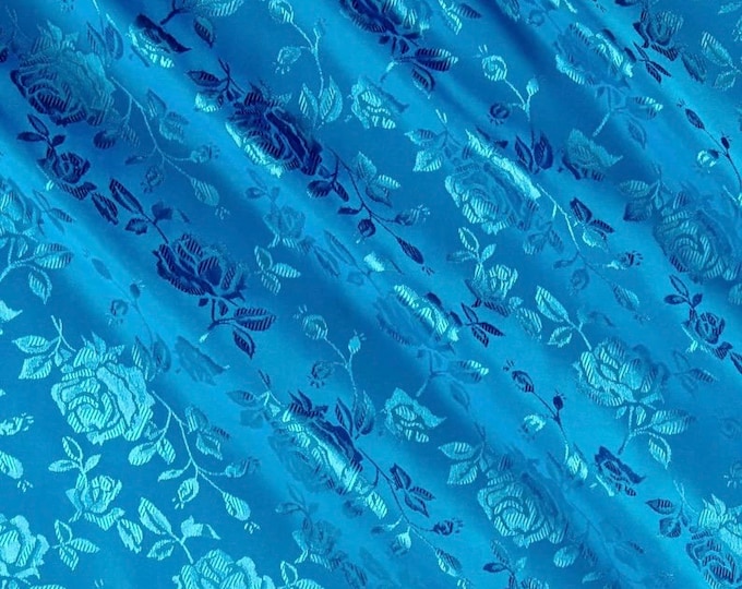 Turquoise  jacquard fabric Satin Floral 58" wide per yard