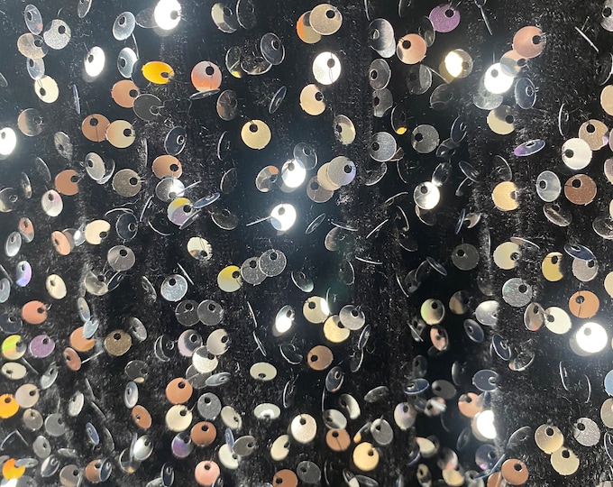 Silver Sequin Stretch Velvet on black 4-Way stretch fabric by the yard 60" Wide