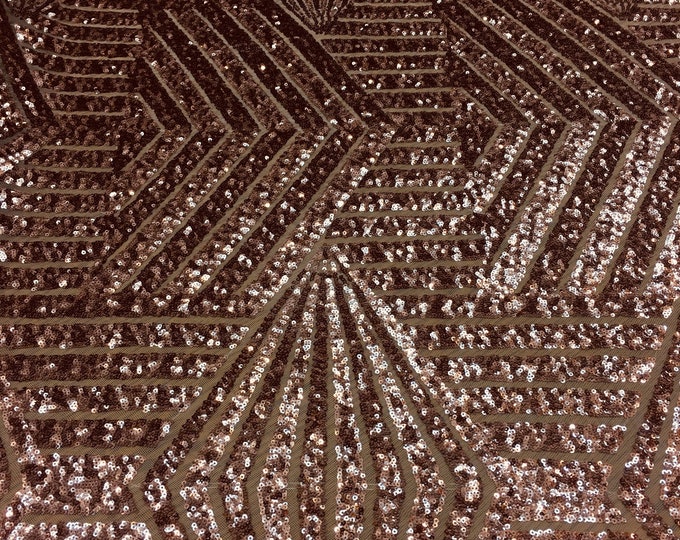 Sequins Lace Rose/Gold Geometric Designer Bombshell Stretch Sequins Lace Sold By The Yard