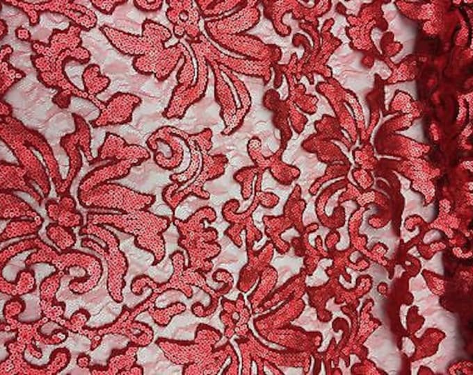 Red Sequin Lace fabric Beyonce Floral Fashion Fabric Sold By Yard 56" wide