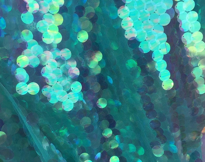 iridescent clear mint green Shiny 20mm paillette sequin on mesh fabric sold by yard