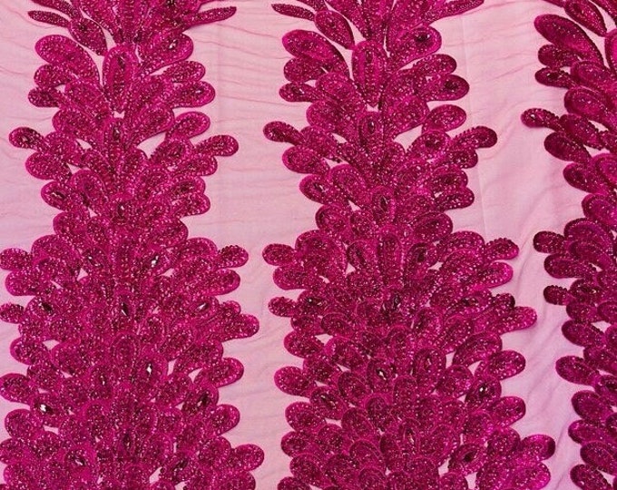 Fuchsia peacock sequin gem beaded on mesh, sold by the PANEL