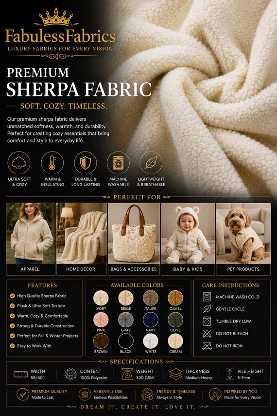 Ivory Sherpa Fabric by the Yard – Soft Faux Sheepskin Fleece – Cozy Plush Fabric for Blankets, Jackets, Upholstery, Crafts & Winter Sewing