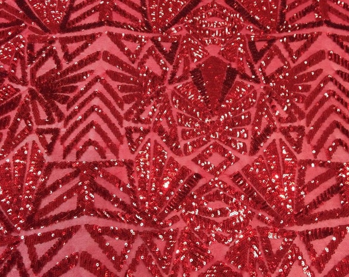 Sequin Fabric Red 4 way Stretch Snowflake  Geometric Shinny Sequin Sold fabric by the yard 55" Wide