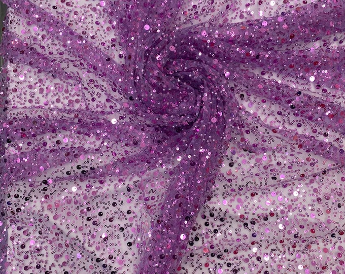 Lilac Beads, Pearls and Sequin All Over Mesh Lace by the yard 54” wide