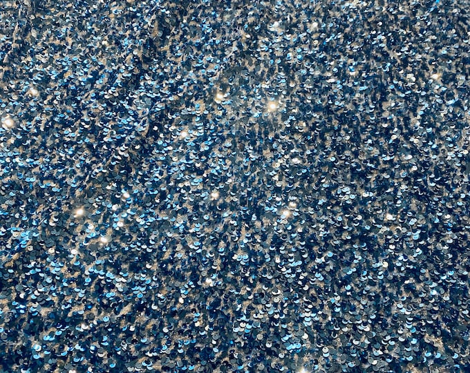 Sky blue Sequin on Stretch Velvet 4-Way stretch fabric by the yard 60" Wide