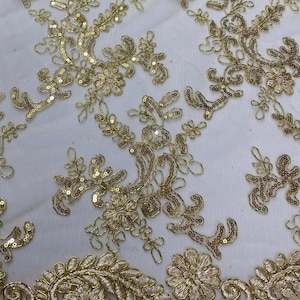 Elena gold corded Floral lace with sequin Fabric Sold By The Yard