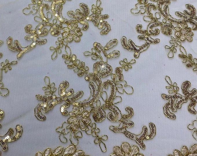 Elena gold corded Floral lace with sequin Fabric Sold By The Yard