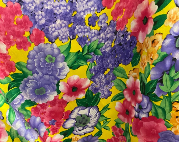 Roses on yellow Charmeuse Satin polyester fabric 60" Wide Silky Shinny by the yard