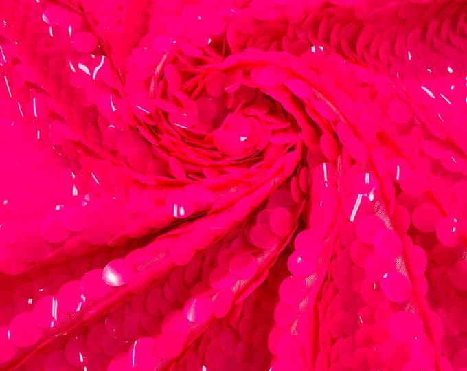 Neon Hot Pink Round Sequin Paillette On A Fuchsia Mesh Fabric/ 54 Inches Wide