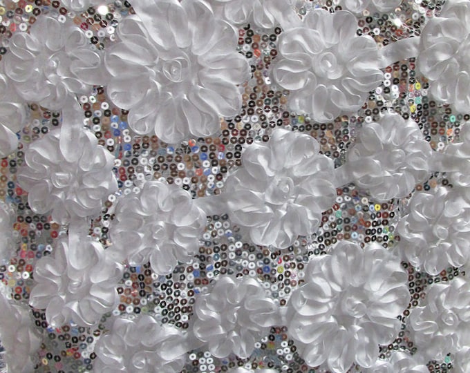 White Sequin Taffeta Ribbon rosette Cord Fabric 58 inches Width By The Yard
