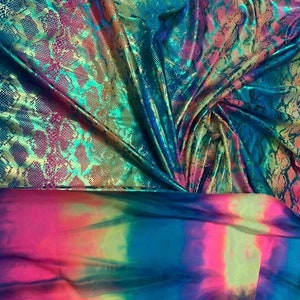 Rainbow King snake design tie dye metallic nylon spandex iridescent foil 4way 58/60&quot;