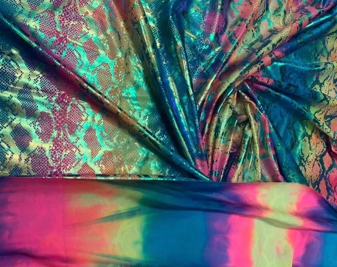 Rainbow King snake design tie dye metallic nylon spandex iridescent foil 4way 58/60"