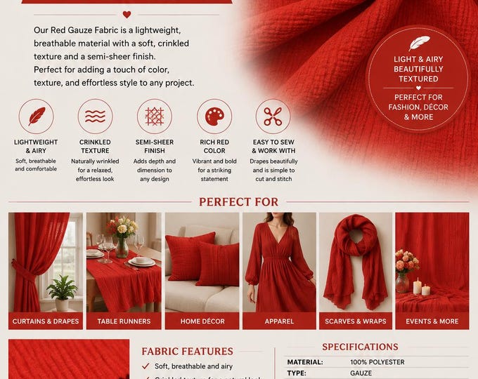 Cotton Gauze Crinkled Light Weight garment RED fabric 50" wide