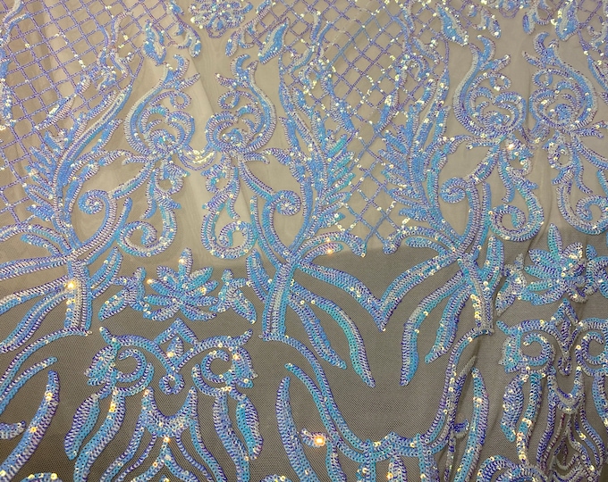 KARMA, Blue/ Purple  , Big Print, Sequin, 4-way Stretch, Fabric 54" Sold By the Yard