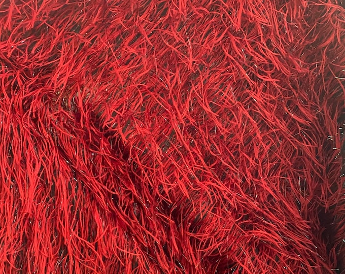 Red feather tinsel on mesh fabric per yard 60" wide