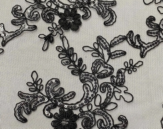 Elena black corded Floral lace with sequin on black mesh Fabric Sold By The Yard