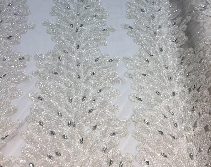 WHITE Vegas peacock sequin gem beaded on mesh, sold by the PANEL - prom, wedding, pageant, costume, home decor,dress