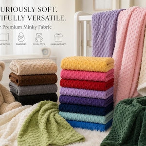Puede incluir: Una colecci&oacute;n de mantas de tela minky en varios colores incluyendo amarillo, rosa, rojo, morado, azul y verde. El texto dice LUXURIOUSLY SOFT. BEAUTIFULLY VERSATILE. Our Premium Minky Fabric con iconos para mantas de beb&eacute;, decoraci&oacute;n, arrullos, peluches y regalos.