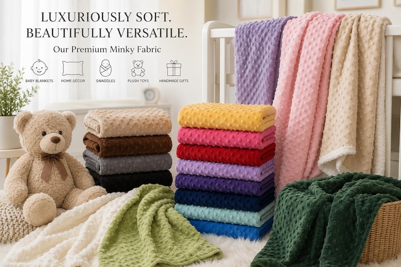 Puede incluir: Una colecci&oacute;n de mantas de tela minky en varios colores incluyendo amarillo, rosa, rojo, morado, azul y verde. El texto dice LUXURIOUSLY SOFT. BEAUTIFULLY VERSATILE. Our Premium Minky Fabric con iconos para mantas de beb&eacute;, decoraci&oacute;n, arrullos, peluches y regalos.