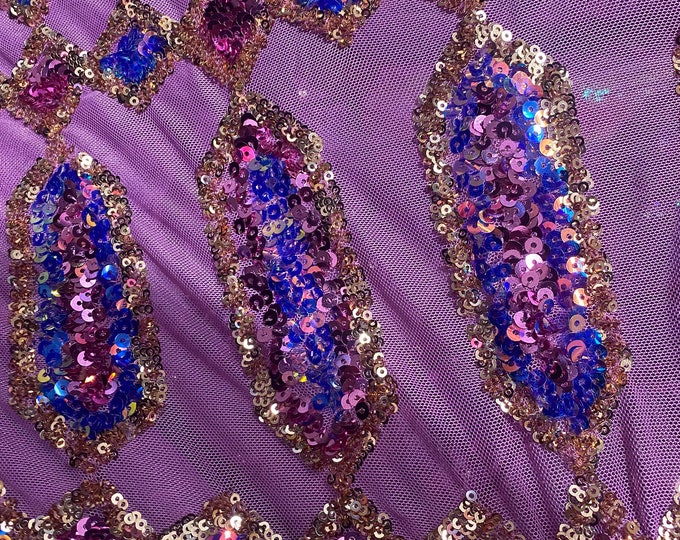 Purple sequin gem on lavender mesh jewel Geometric Stretch Sequins Design on Mesh By Yard