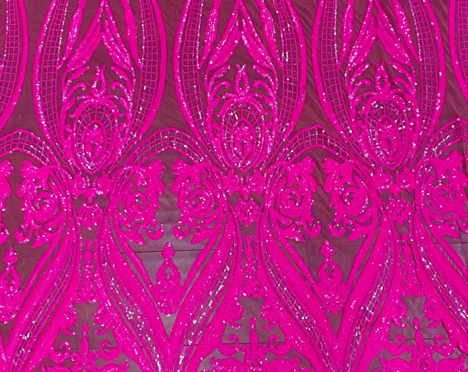 Neon pink on neon pink mesh Victorian /Tulip, Big Print, Sequin, 4-way Stretch, Fabric 54" Sold By the Yard