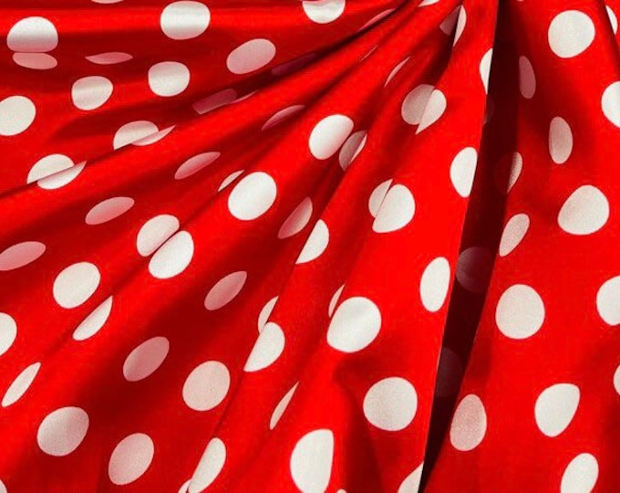 white polka dot on red charmeuse Fabric / 58" WIDE / sold by the yard