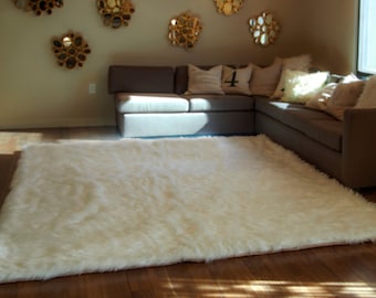 10' x 12' White Shaggy Fur Faux Fur Rug rectangle shape plush soft modern fur rug living room area rug