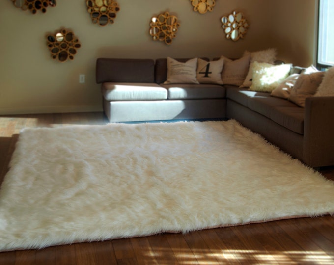 10' x 12' White Shaggy Fur Faux Fur Rug rectangle shape plush soft modern fur rug living room area rug