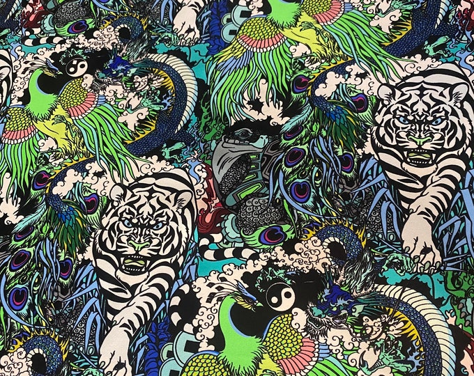 Exotic tiger design with multi animal print spandex nylon 4 way stretch fabric