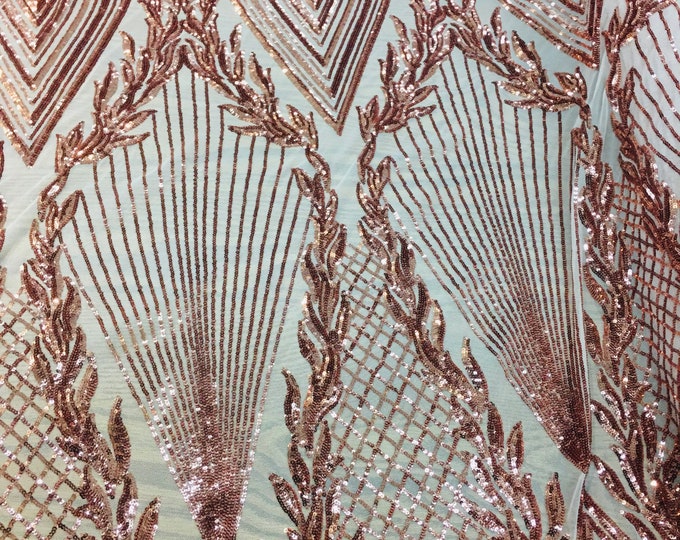 Jewel , bright Rose Gold on nude Big Print, Sequin, 4-way Stretch, Fabric 54" By the Yard, Wedding, Prom, Dresses, Lingerie, Pageant