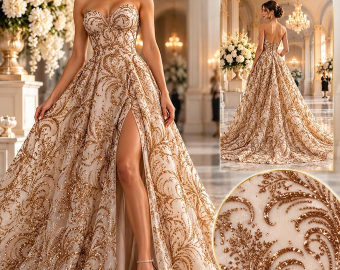 Floral Glitter Embroidered Lace Mesh Fabric for Bridal Gowns, Prom & Dresses