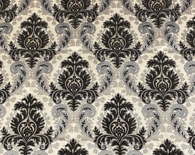 Chenille Charcoal Silver Grenada  Fabric Damask Print by the yard