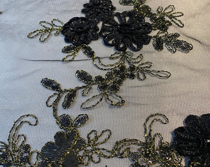 Black floral lace ,embroider with sequin on mesh scalloped, sold by the yard 54” wide
