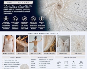 Tissu Power Mesh blanc pailleté – Tulle extensible transparent à paillettes pour maillots de bain, lingerie et costumes