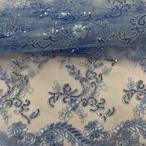 Elena light blue corded Floral lace with sequin Fabric Sold By The Yard