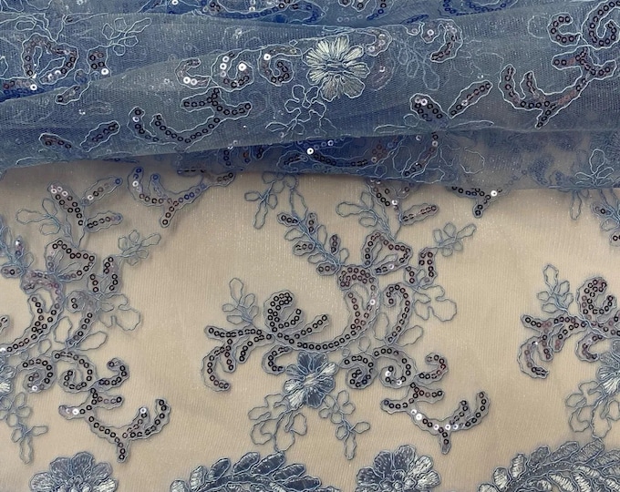 Elena light blue corded Floral lace with sequin Fabric Sold By The Yard