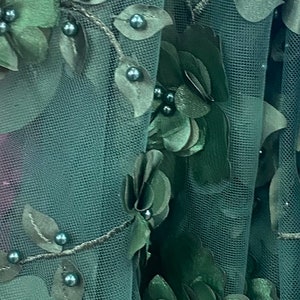 Hunter green 3d floral embroider with pearls mesh lace scalloped, sold by the yard 54” wide