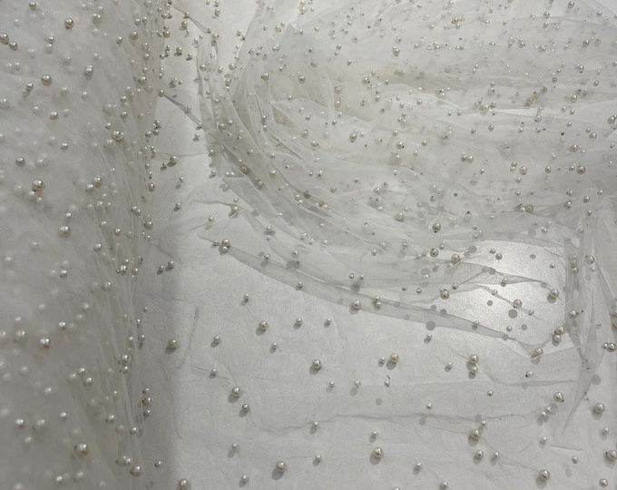 Ivory Scattered Pearls Mesh, 2-Way Stretch Fabric per yard