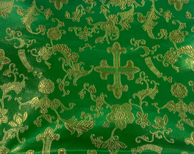 Green with gold  Brocade cross floral Fabric By the Yard 54” wide