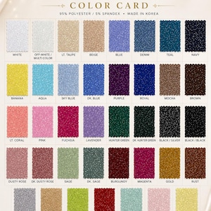 May include: A color card for Fabuless Fabrics ITY glitter four-way stretch fabric, composed of 95% polyester and 5% spandex. The chart displays forty-eight distinct fabric swatches in various colors, each labeled with its specific color name.