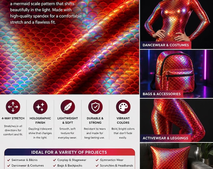 Orange wave Mermaid Hologram Spandex Metallic foil scales Fabric by the yard