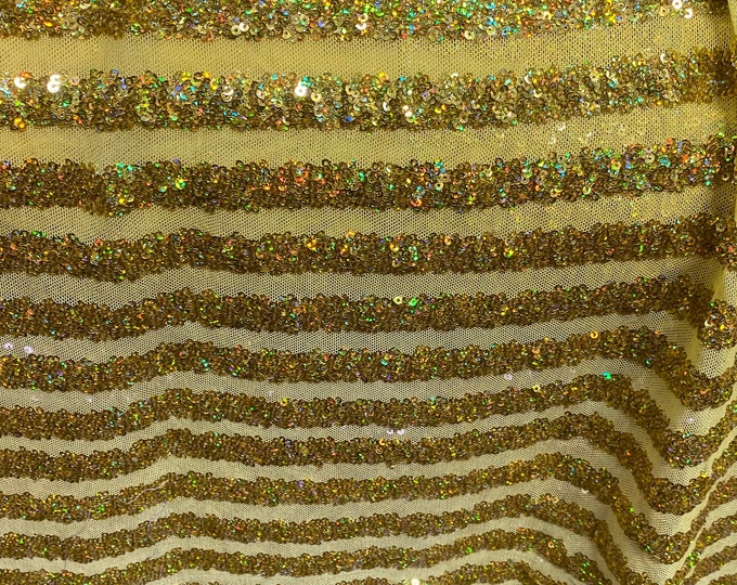 Gold Sequin stripe 4-way Stretch, Fabric 54" Sold By the Yard