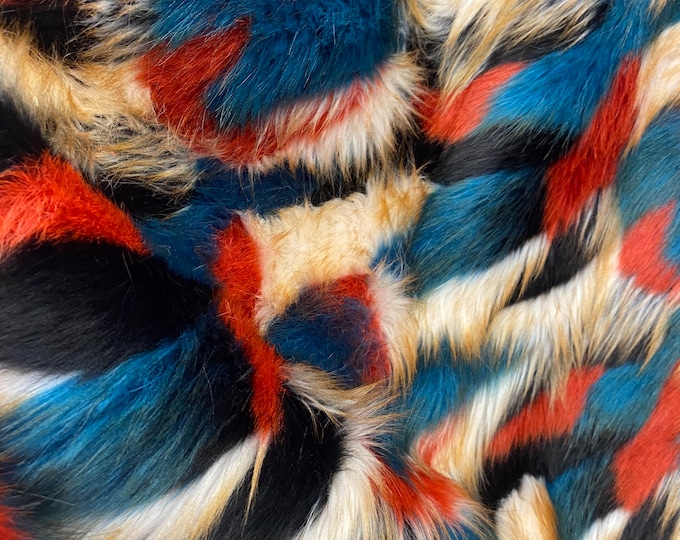 Faux Fur Short PIle tribal teal orange beige  2 custom rug fabric per yard 60" wide