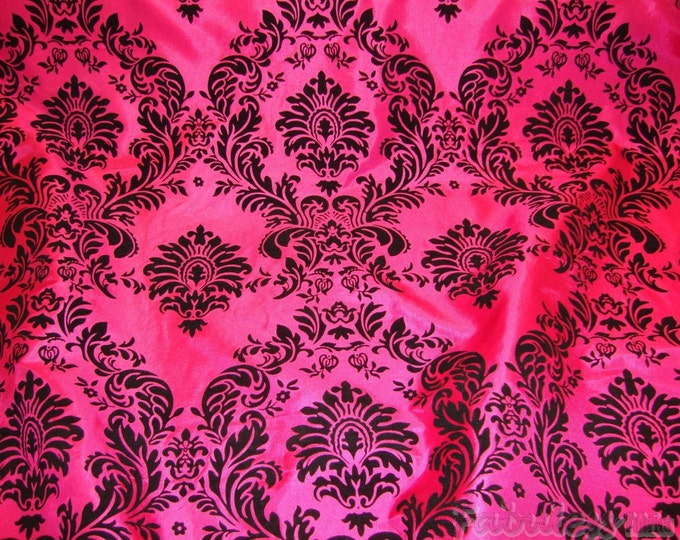 20 yards Fuchsia Taffeta Black Flocking Damask fabric per yard