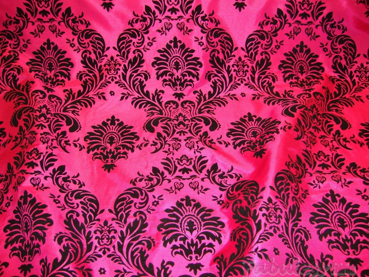 Fuchsia Taffeta Black Flocking Damask fabric per yard